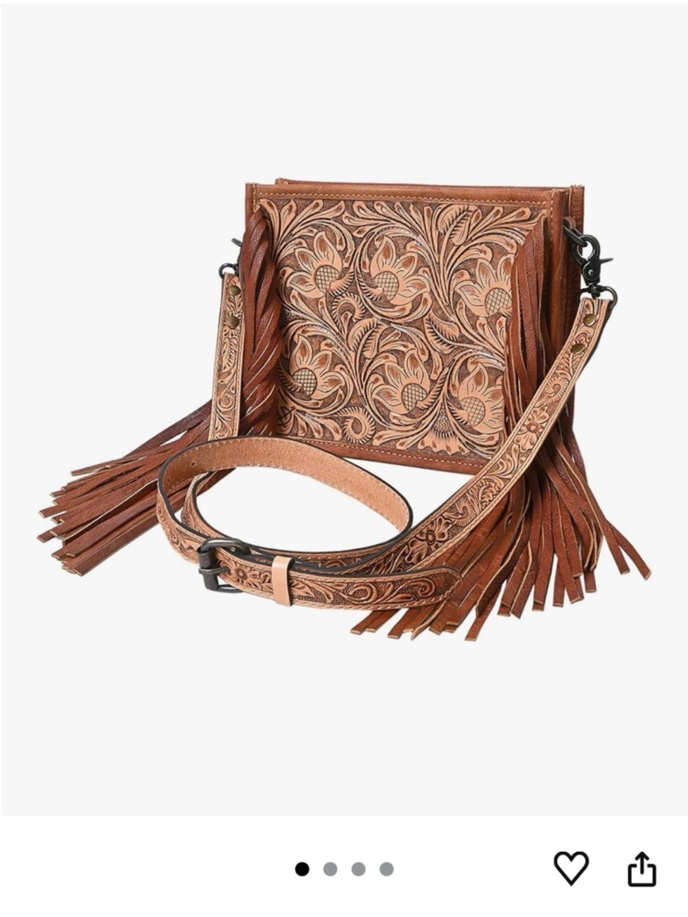 American Darling Tooled Floral Leather Fringe Crossbody - Tan/Brown - Picture 6 of 6